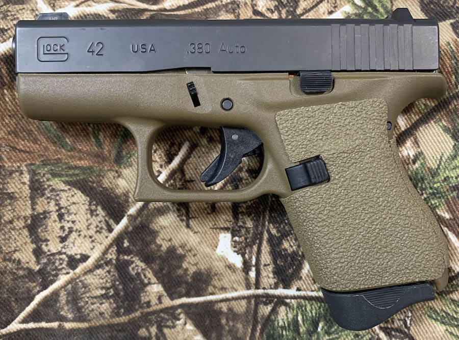 Coyote / FDE Tractiongrips Tenacious Series custom grip tape installed on a Glock 42
