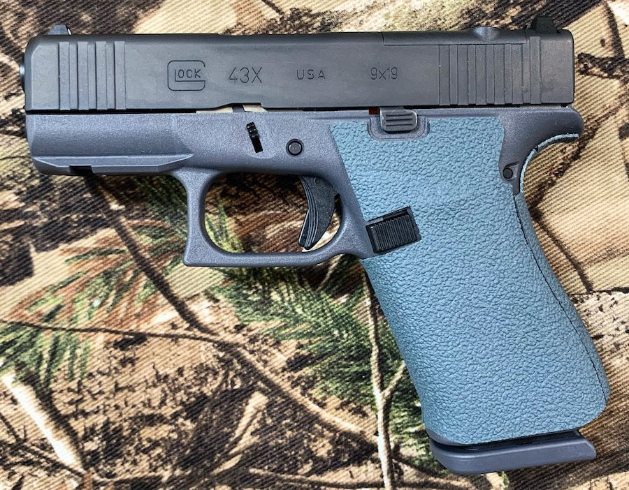 Gray Tractiongrips Tenacious Series custom grip tape installed on a Glock 43X