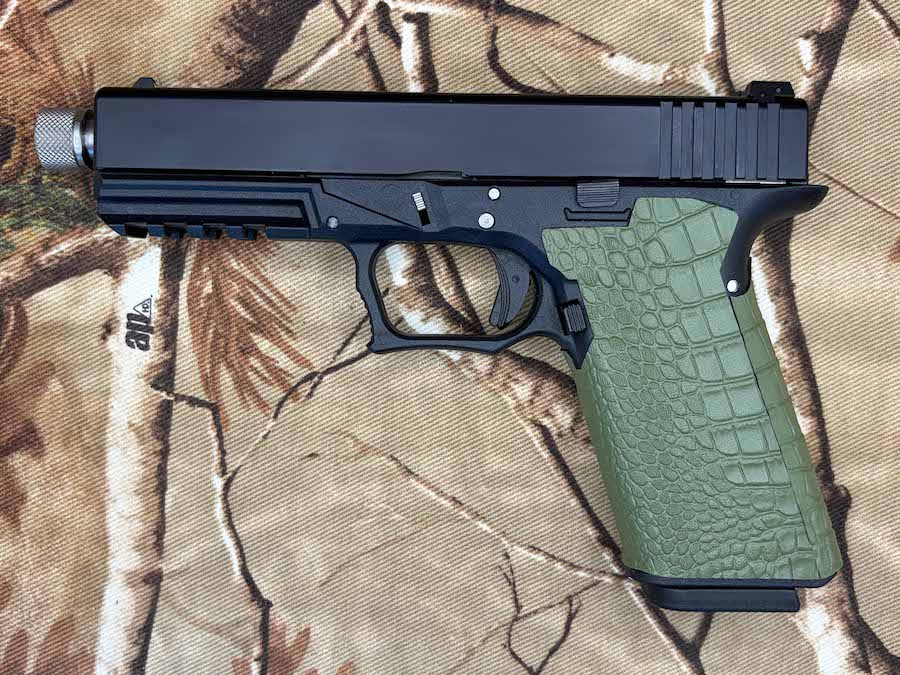 OD Green faux gator pattern rubberized grip tape on Glock 17 clone