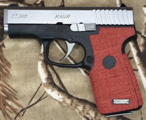 Tractiongrips custom Badlands Red Textile grip tape overlay installed on a Kahr CT380