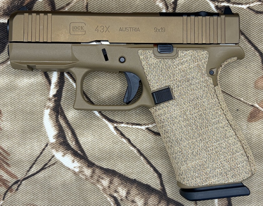 Tractiongrips custom Mojave Tan Textile grip tape overlay installed on Glock 43X
